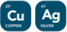 "Two circular dark teal icons side by side featuring the chemical symbols for copper (Cu) and silver (Ag).