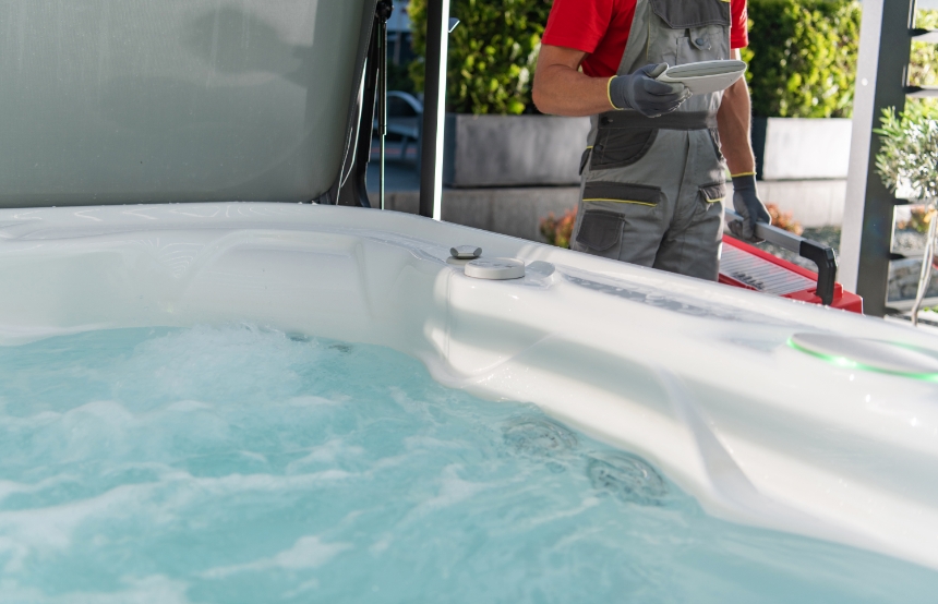 A person in overalls and gloves is seen carrying maintenance equipment near a bubbling hot tub or whirlpool spa. The scene, set in the scenic outdoors near Red Deer, has lush greenery in the background.