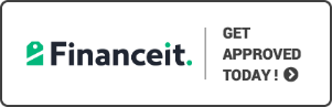 Logo of Financeit, a financial company. The logo features a teal and black color scheme with the text "Financeit" in bold. To the right of the logo, there's text that reads "GET APPROVED TODAY!" with an icon of a checkmark inside a circle.