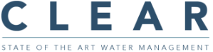 Logo with the word "CLEAR" in bold, blue letters. Below "CLEAR," a thin blue line separates it from the tagline "Clear Water Management: State of the Art Water Management" written in smaller, blue uppercase letters.