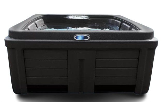 A closed hot tub from the InnovaSpa Fantom Series with a black color. The hot tub has a rounded shape with angular corners, featuring a built-in storage compartment with curved panels on one side. The surface appears smooth and sturdy.