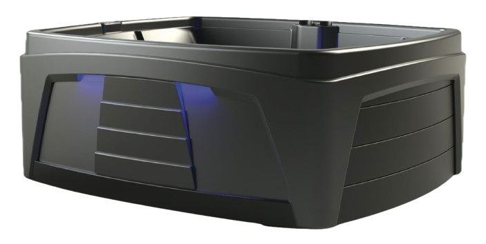 A closed hot tub from the InnovaSpa Feeling Series with a grey and blue color scheme. The hot tub has a rounded shape with angular corners, featuring a built-in storage compartment with curved panels on one side. The surface appears smooth and sturdy.